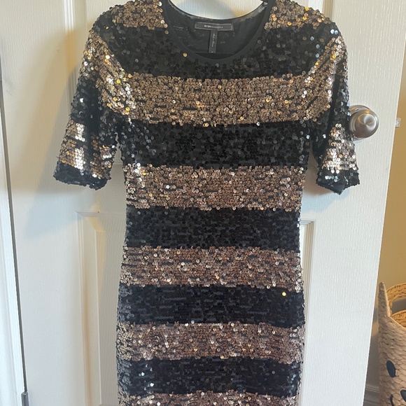 BCBG Maxazria Sequin Black Gold Mini Bodycon Dress Size Small - Picture 3 of 3
